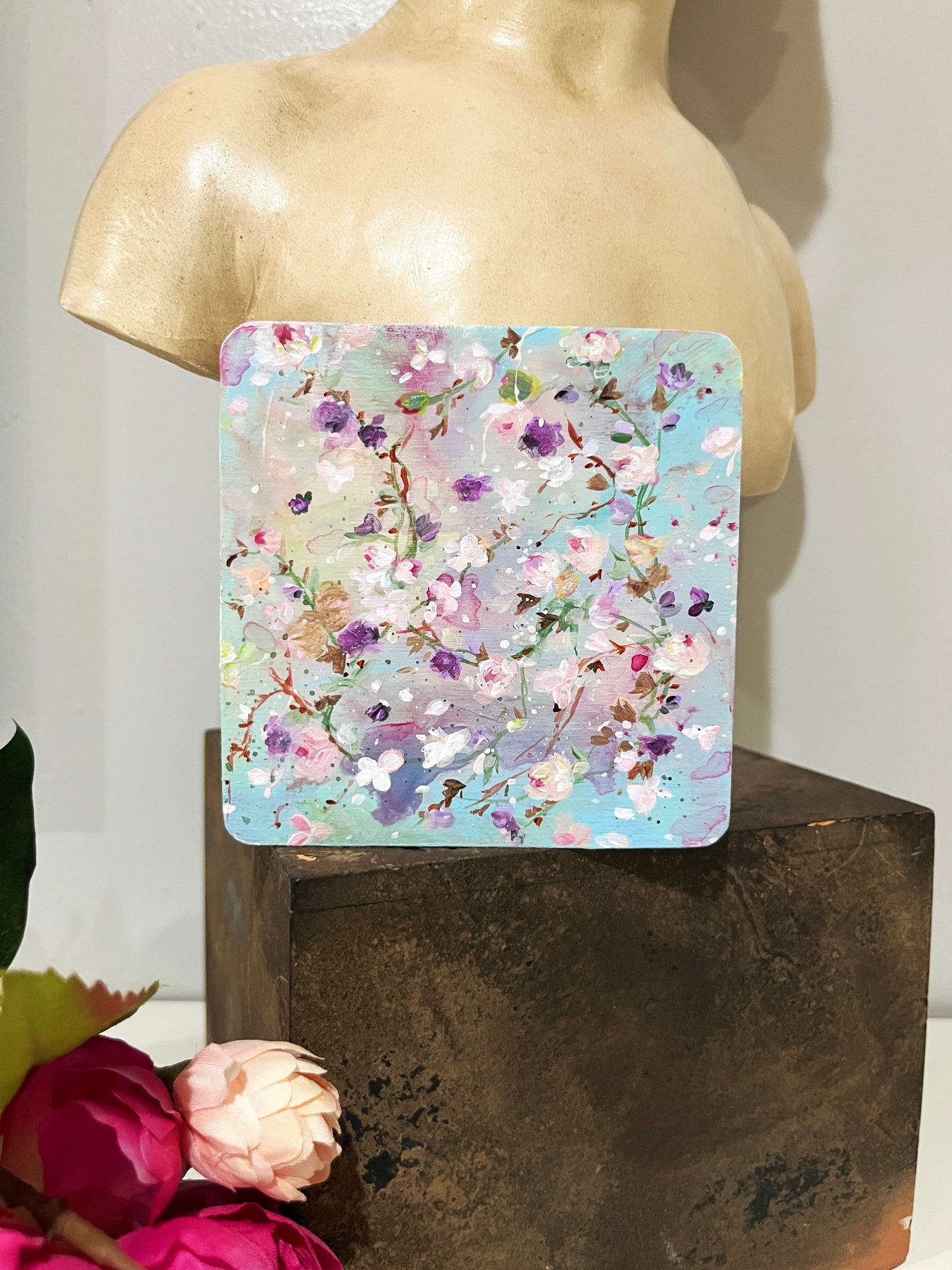 Set of 4 wood hand painted floral original coasters