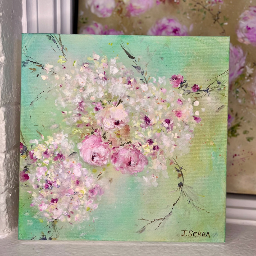 3 Pink Roses - 12” x 12” Acrylic on Canvas ~ Shabby Chic Style Impressionist Painting