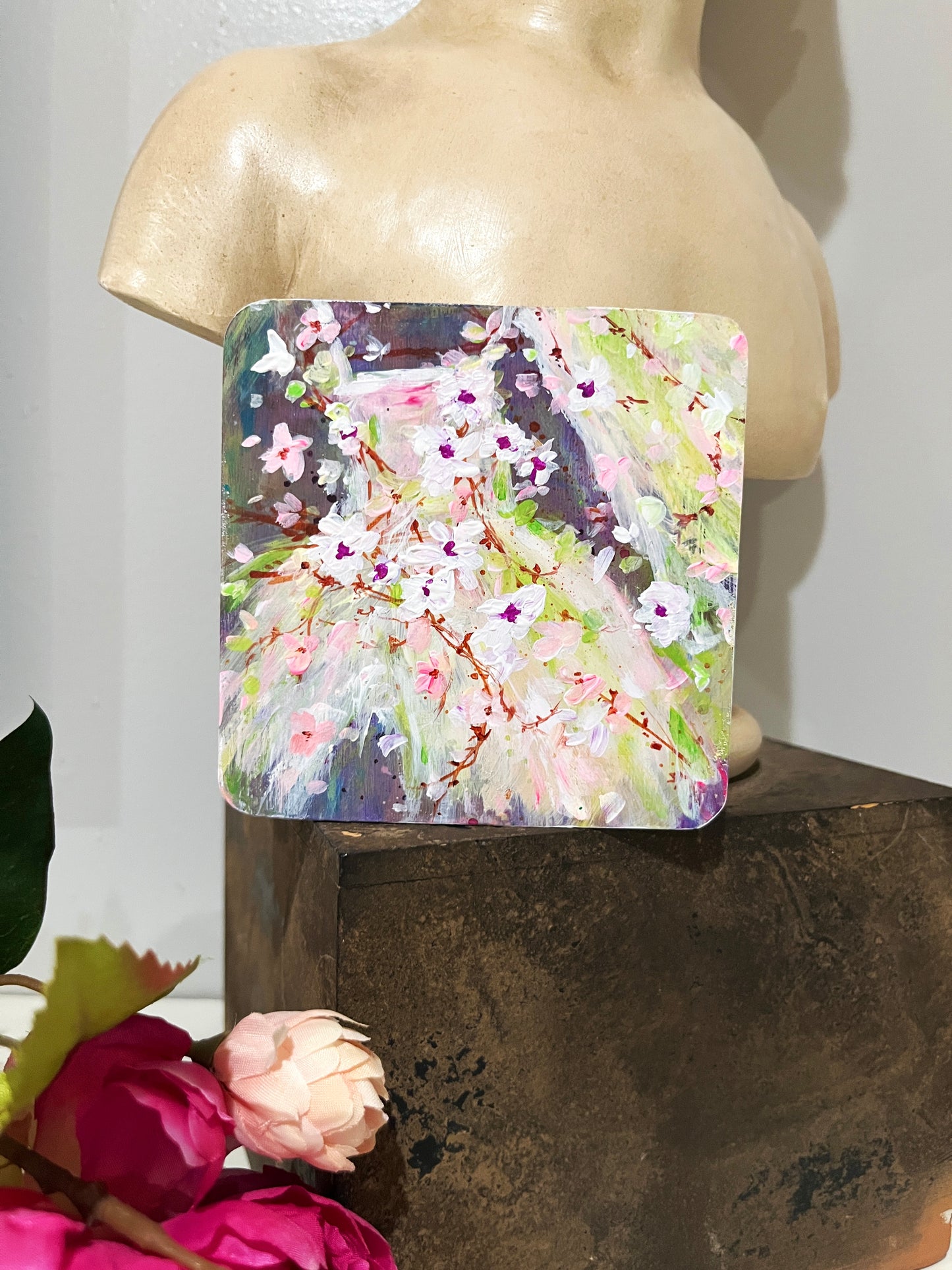 Set of 4 wood hand painted floral original coasters