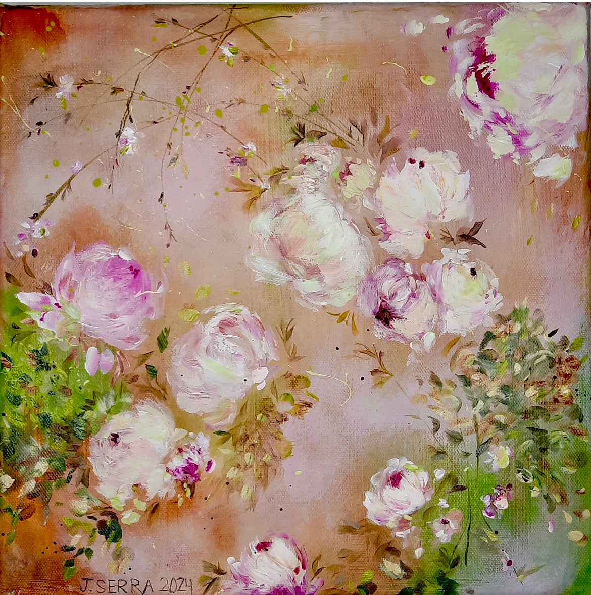 Prairie Peonies ~ 12” x 12” Shabby Chic Style Floral Impressionist Art