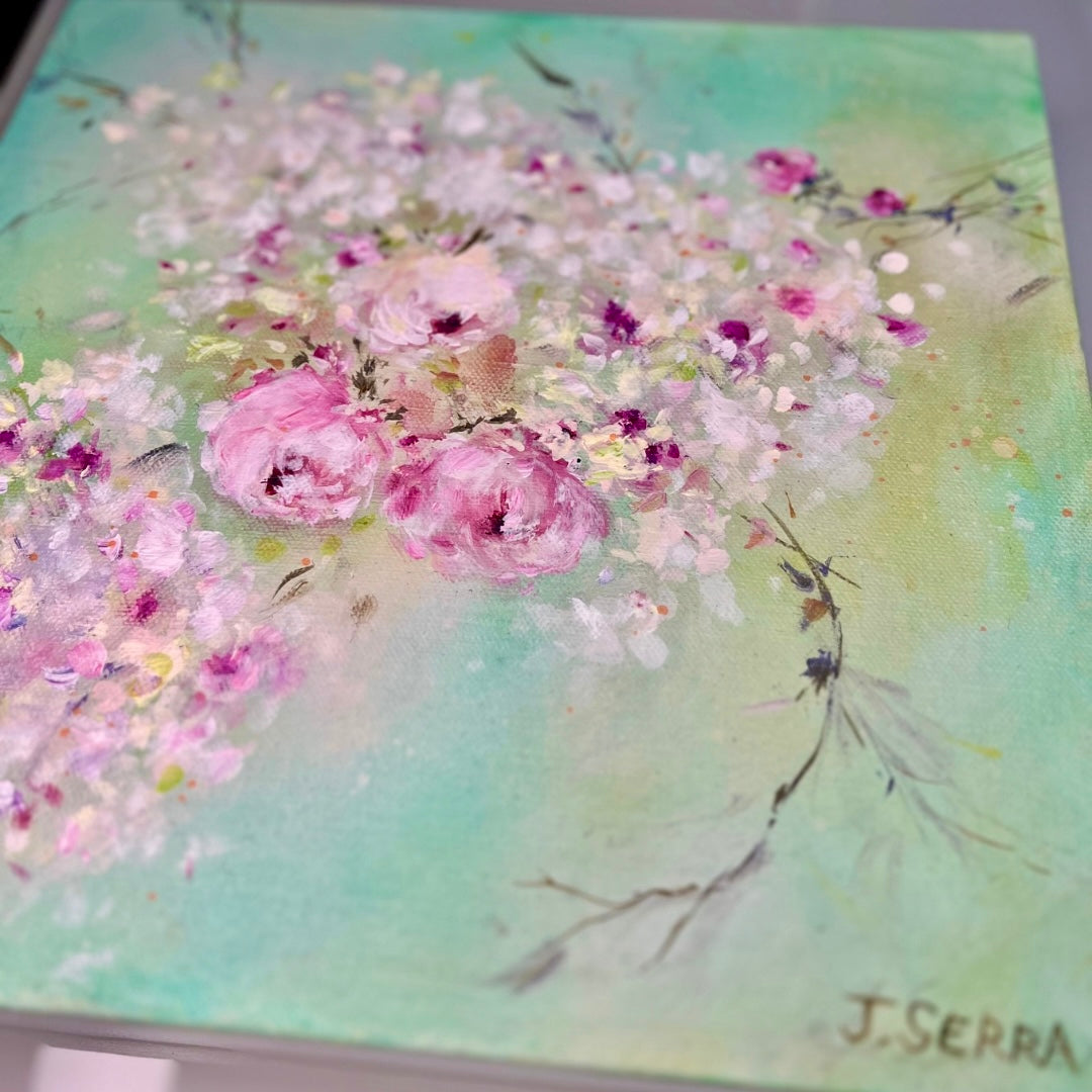 3 Pink Roses - 12” x 12” Acrylic on Canvas ~ Shabby Chic Style Impressionist Painting