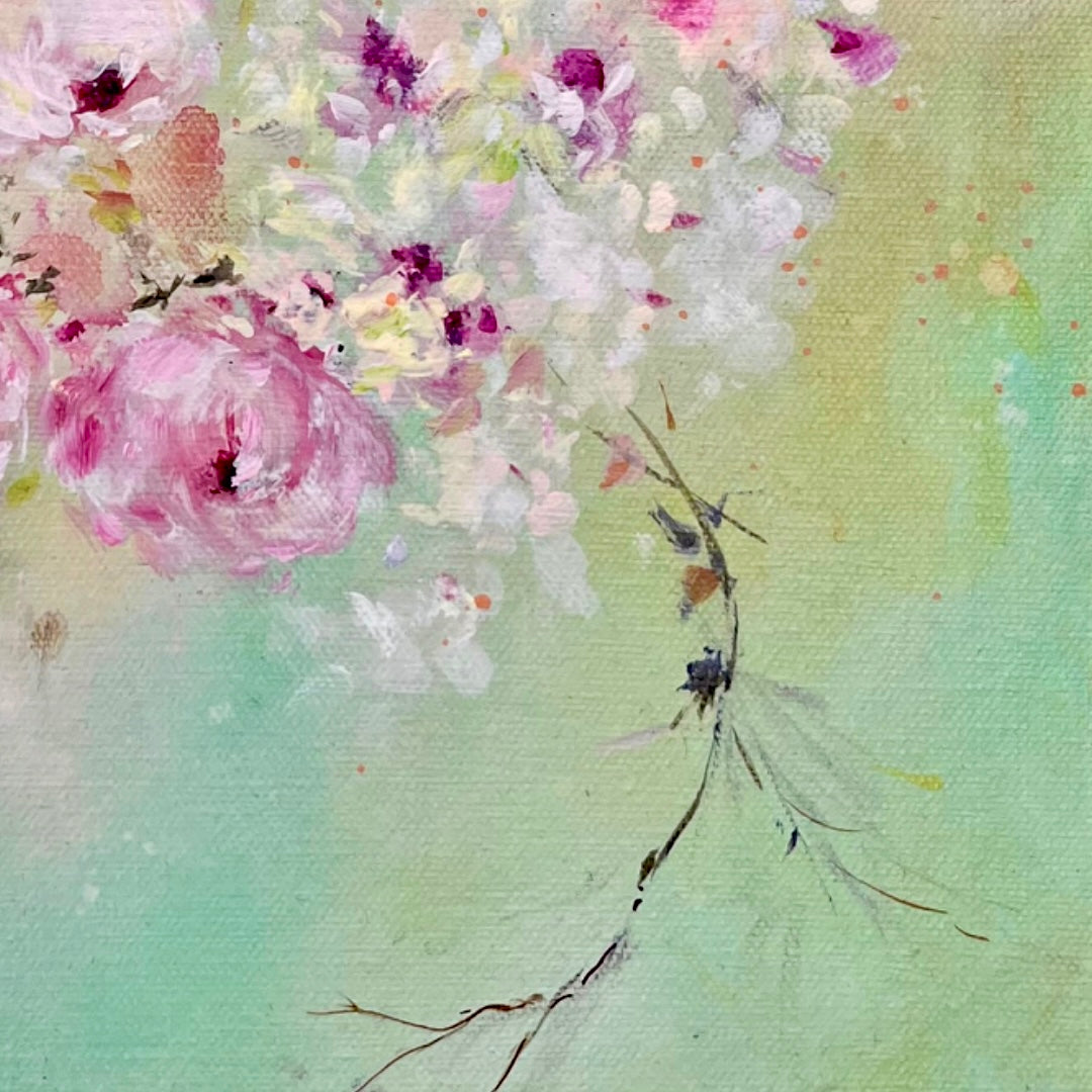 3 Pink Roses - 12” x 12” Acrylic on Canvas ~ Shabby Chic Style Impressionist Painting