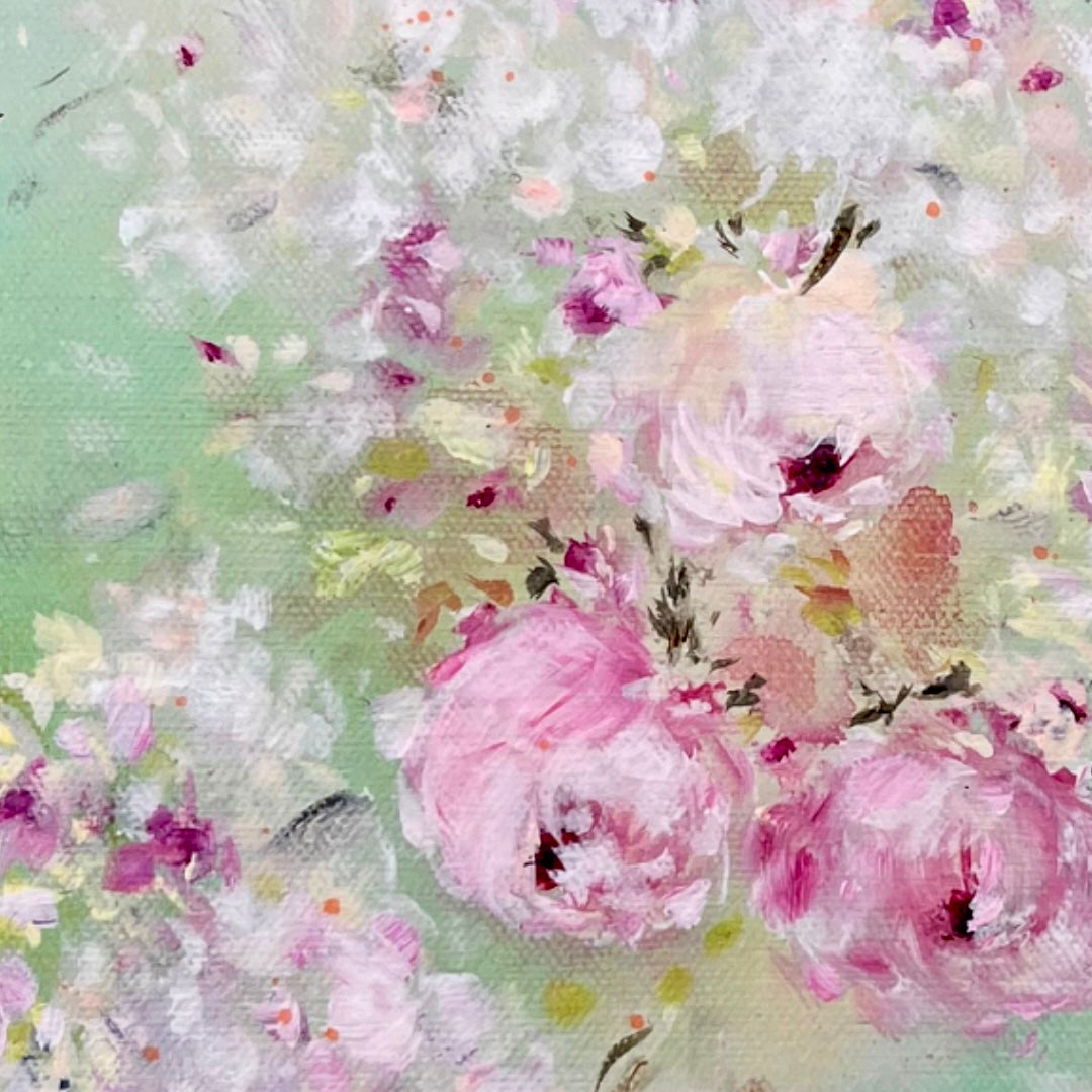 3 Pink Roses - 12” x 12” Acrylic on Canvas ~ Shabby Chic Style Impressionist Painting