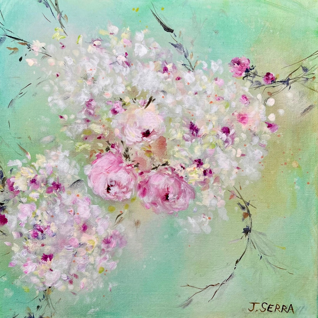 3 Pink Roses - 12” x 12” Acrylic on Canvas ~ Shabby Chic Style Impressionist Painting