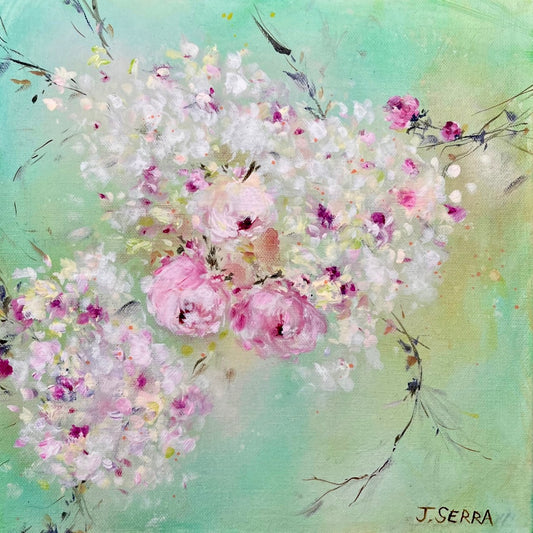 3 Pink Roses - 12” x 12” Acrylic on Canvas ~ Shabby Chic Style Impressionist Painting