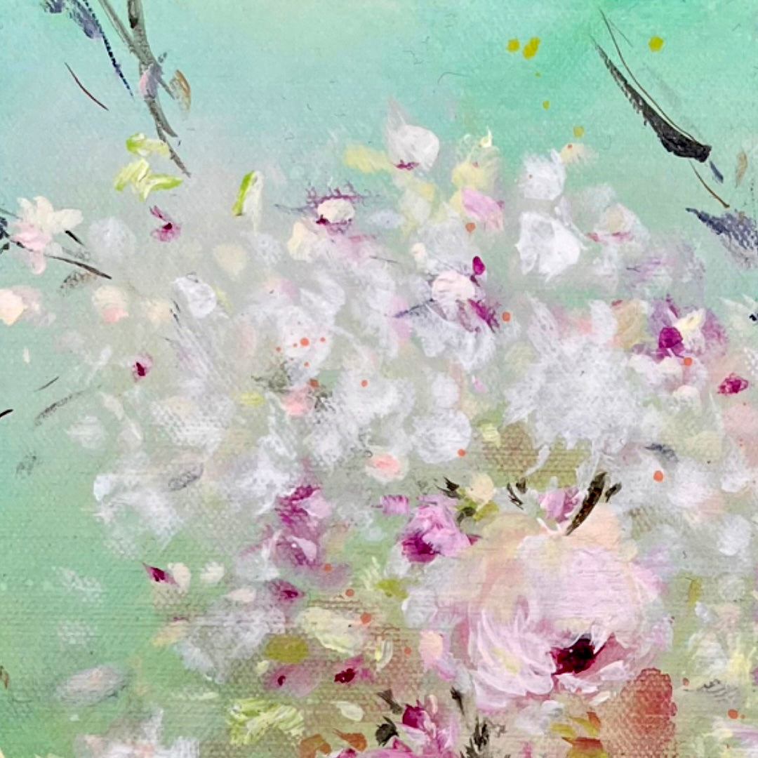 3 Pink Roses - 12” x 12” Acrylic on Canvas ~ Shabby Chic Style Impressionist Painting