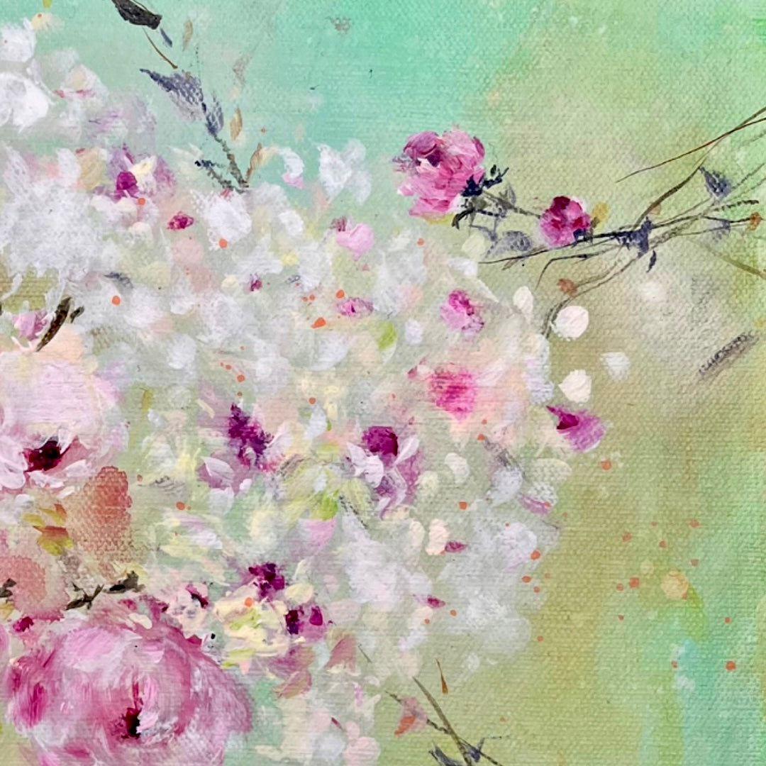 3 Pink Roses - 12” x 12” Acrylic on Canvas ~ Shabby Chic Style Impressionist Painting