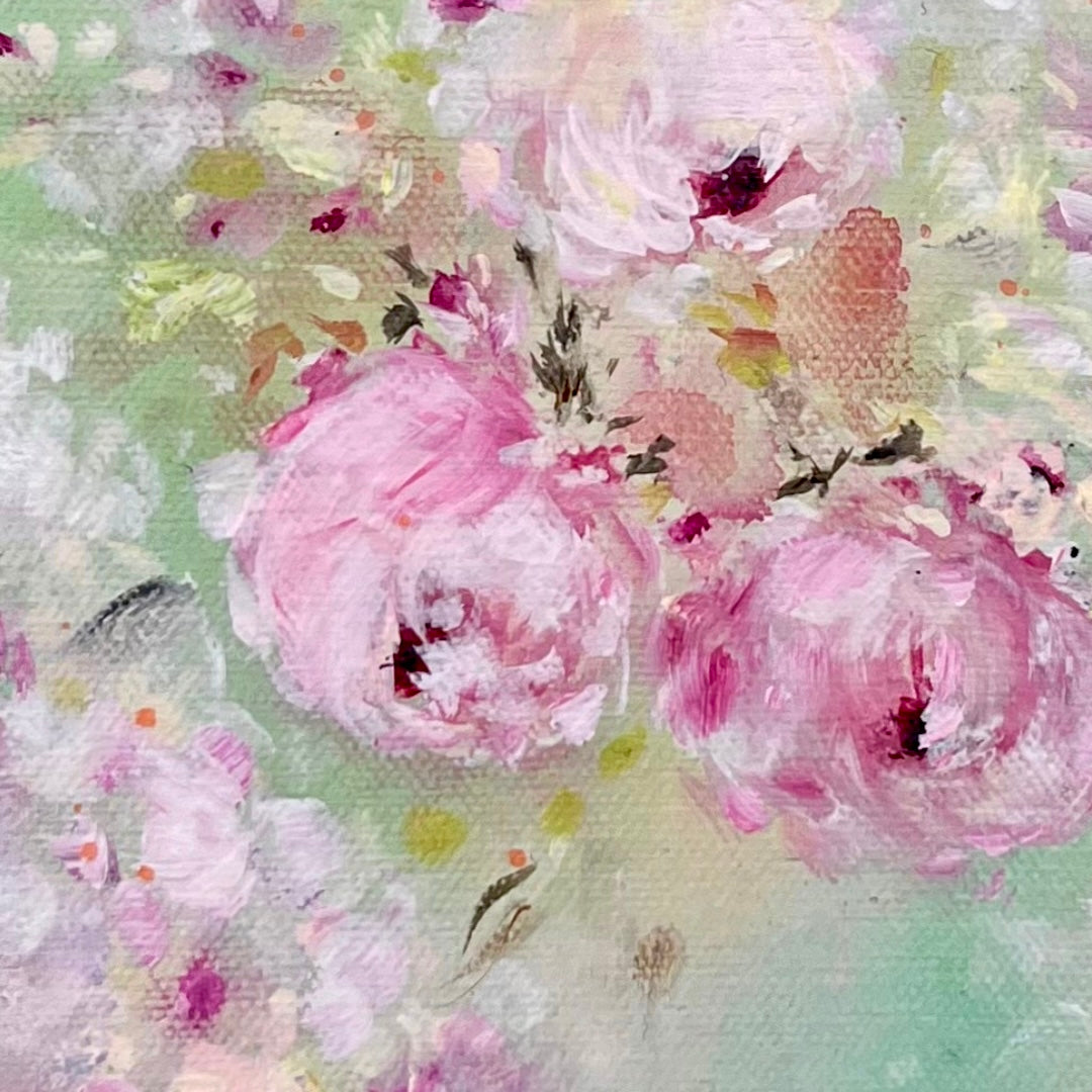 3 Pink Roses - 12” x 12” Acrylic on Canvas ~ Shabby Chic Style Impressionist Painting