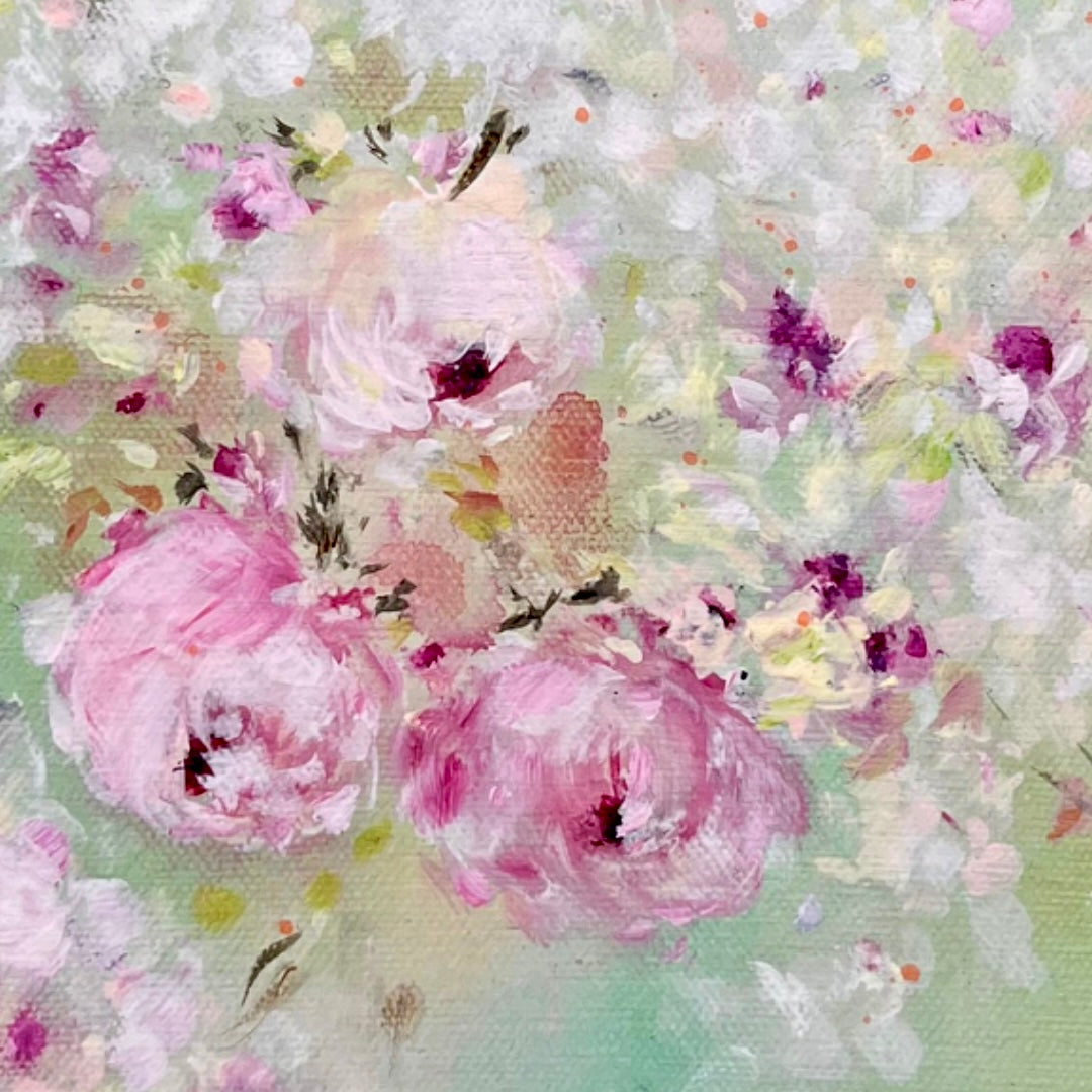 3 Pink Roses - 12” x 12” Acrylic on Canvas ~ Shabby Chic Style Impressionist Painting
