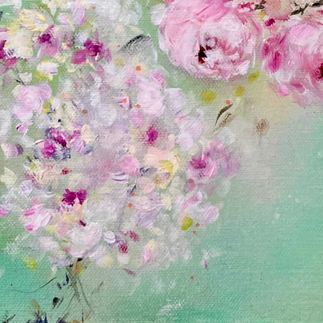 3 Pink Roses - 12” x 12” Acrylic on Canvas ~ Shabby Chic Style Impressionist Painting