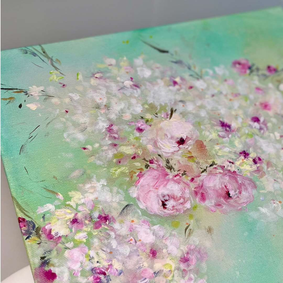 3 Pink Roses - 12” x 12” Acrylic on Canvas ~ Shabby Chic Style Impressionist Painting