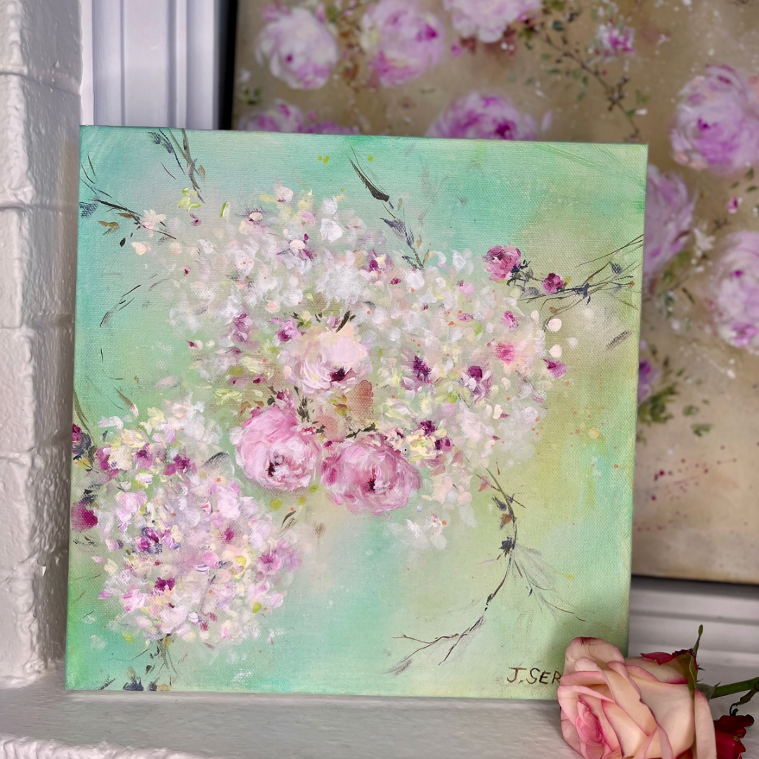 3 Pink Roses - 12” x 12” Acrylic on Canvas ~ Shabby Chic Style Impressionist Painting